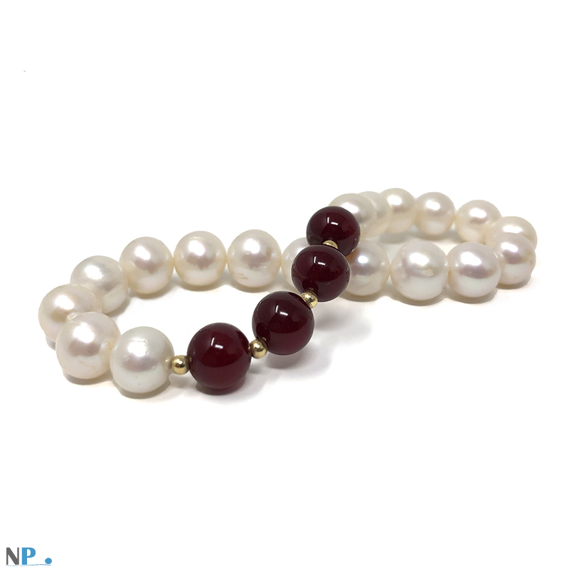 Bracelet de perles blanches, Perles de culture, avec Pierre Jade Rouge du Sud de la Chine Pierres naturelles